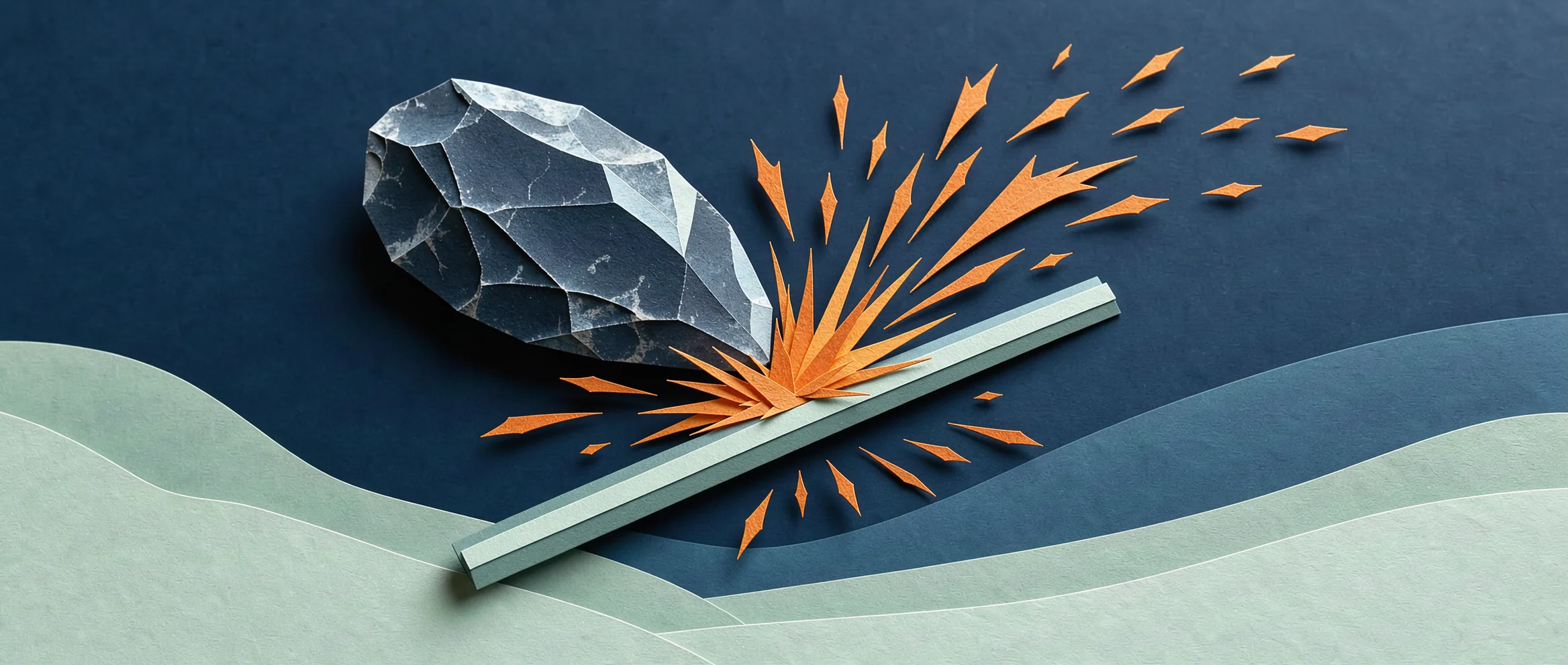 Ilustración de papel recortado para Muse Spark 1.3: un pedernal golpeando acero en una lluvia de chispas