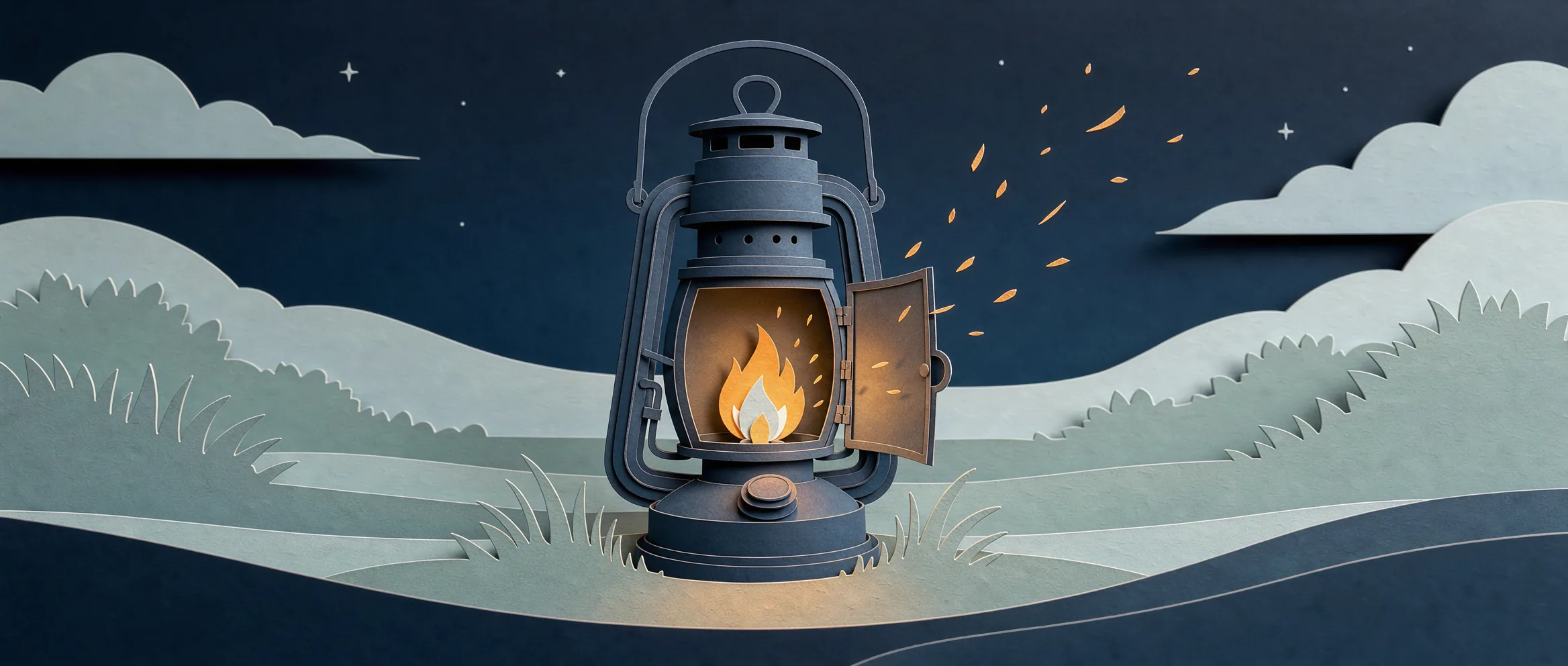 Ilustración de papel recortado para Muse Spark Open: un farol abierto que deja escapar sus chispas