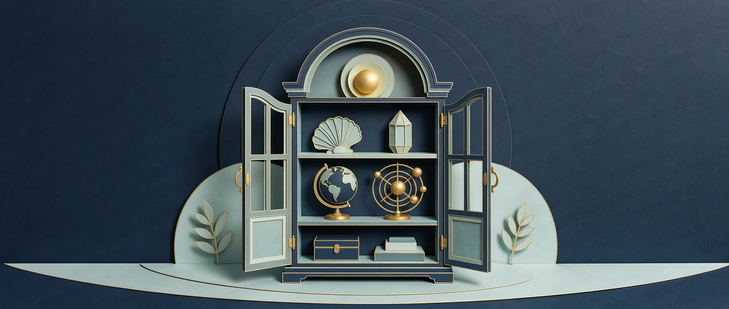 Ilustração de papel recortado para Muse Wonder: um gabinete de curiosidades com uma esfera luminosa no topo