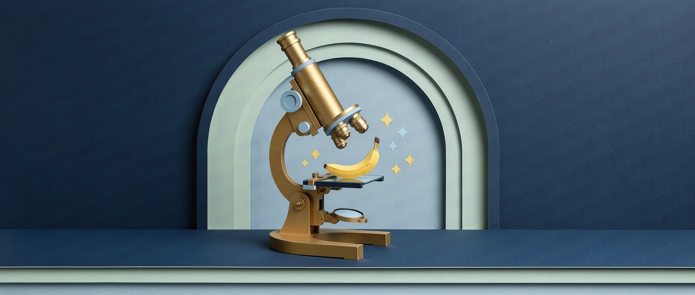 Ilustración de papel recortado para Nano Banana 2.1: un plátano diminuto bajo un microscopio de latón