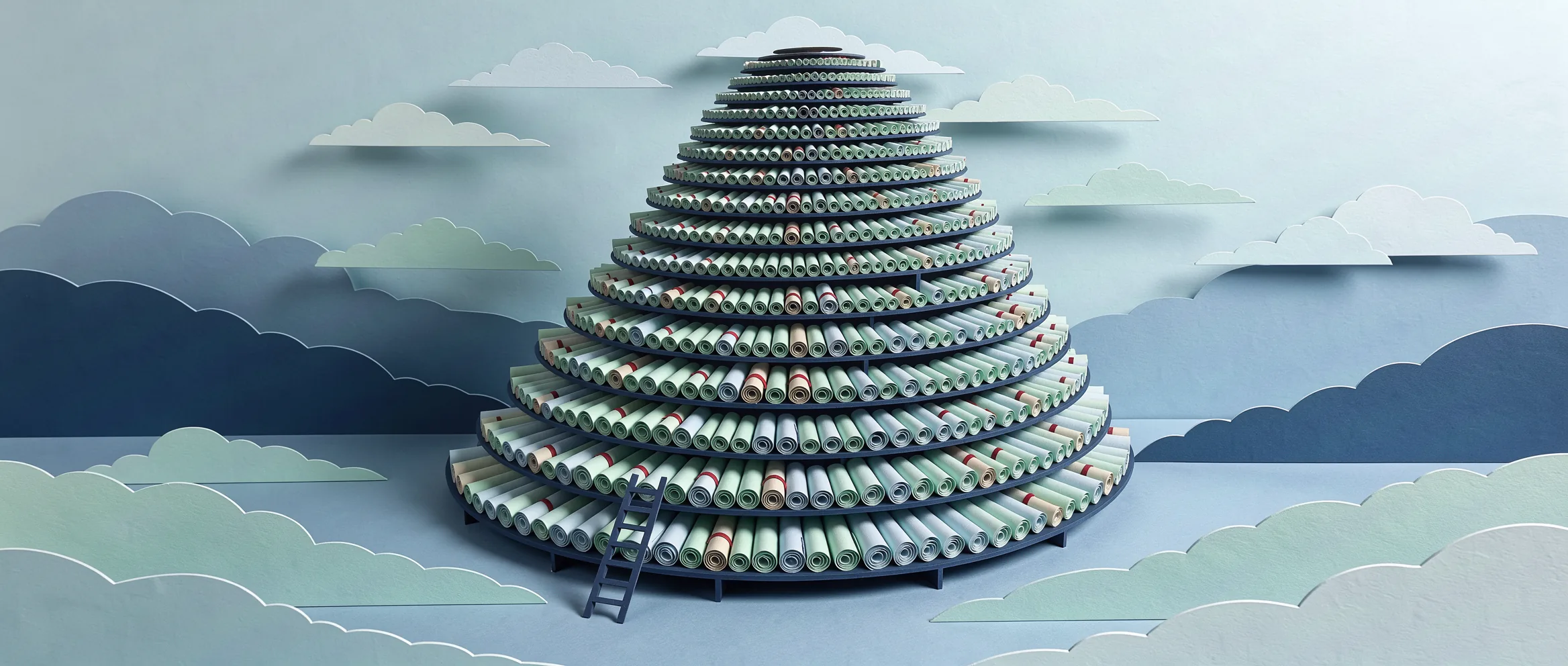 Ilustração de papel recortado para Qwen3.8 Max: uma torre de arquivo em espiral cheia de pergaminhos subindo até as nuvens