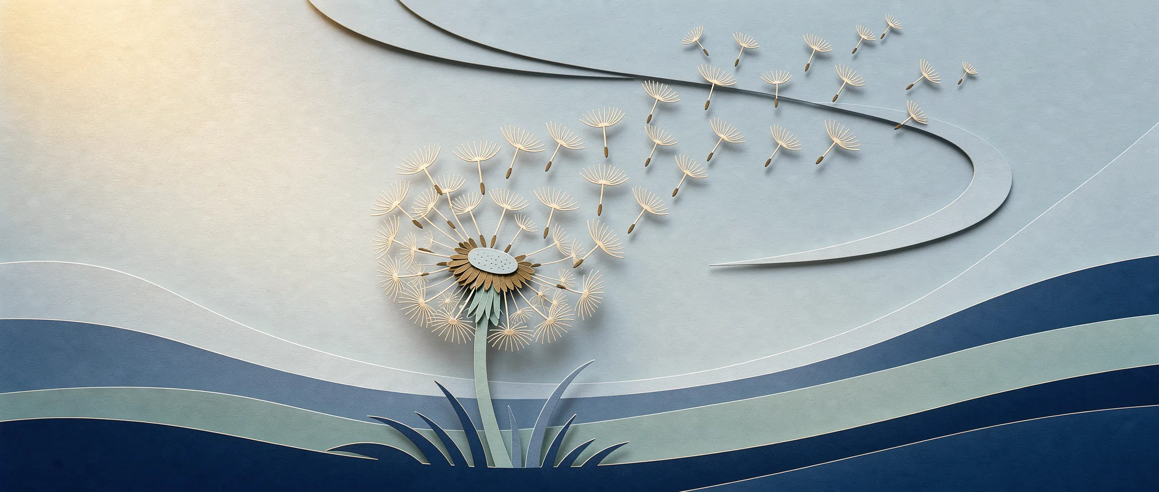 Ilustração de papel recortado para Seedance 2.5: sementes de dente-de-leão subindo em espiral como numa dança