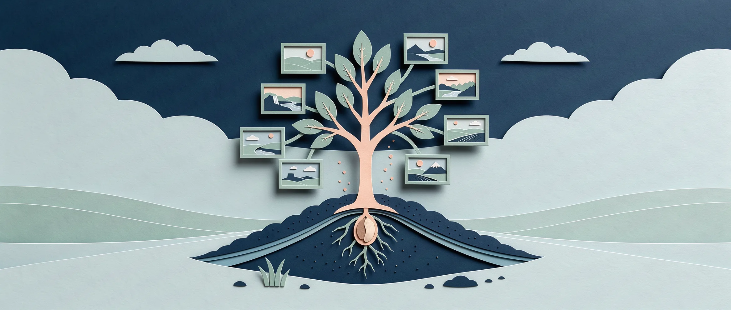 Ilustración de papel recortado para Seedream 5.0 Pro: una semilla que brota en un árbol cuyas hojas son marcos de fotos