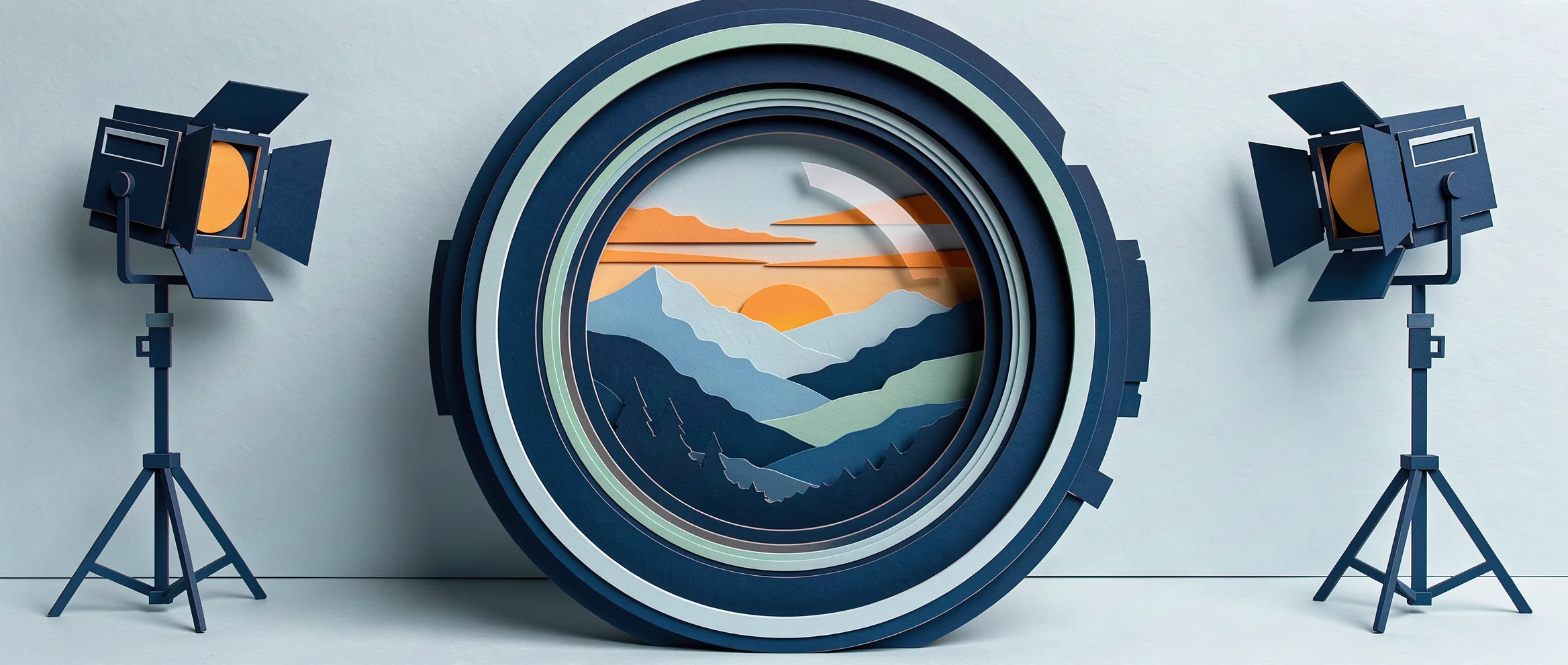Illustration en papier découpé pour Veo 3.1 : l'objectif d'une caméra de cinéma qui reflète des montagnes à l'heure dorée