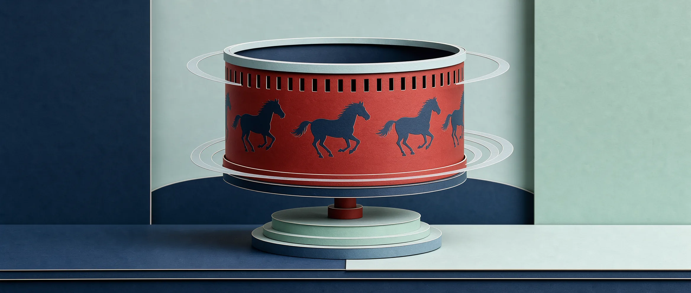Ilustración de papel recortado para Wan 3.0: un zoótropo antiguo que muestra un caballo al galope