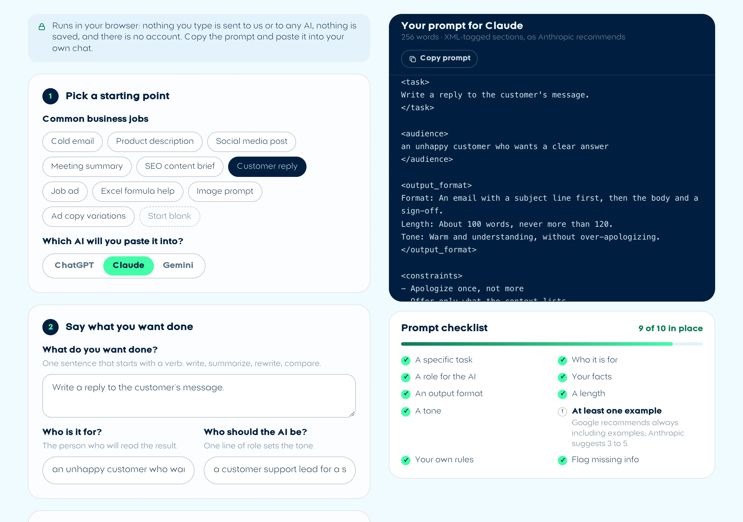 The AI prompt generator with the Customer reply preset and Claude selected: a 256-word prompt with task, audience, output_format and constraints tags, and the checklist at 9 of 10 with examples missing