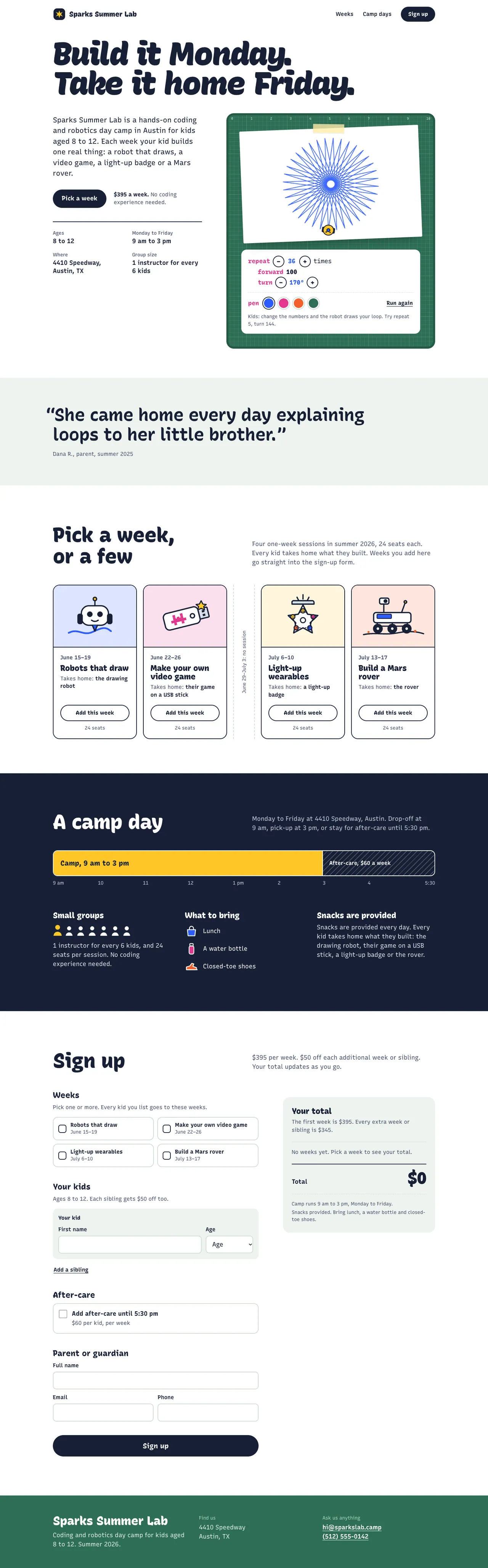 Com a skill, a página inteira: uma cor de marcador por semana, o dia do acampamento desenhado como uma barra de tempo e um formulário de inscrição ao lado de um recibo que vai se atualizando.