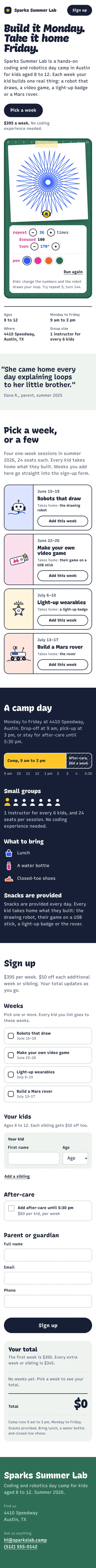 Com a skill, a página inteira: uma cor de marcador por semana, o dia do acampamento desenhado como uma barra de tempo e um formulário de inscrição ao lado de um recibo que vai se atualizando. (celular)