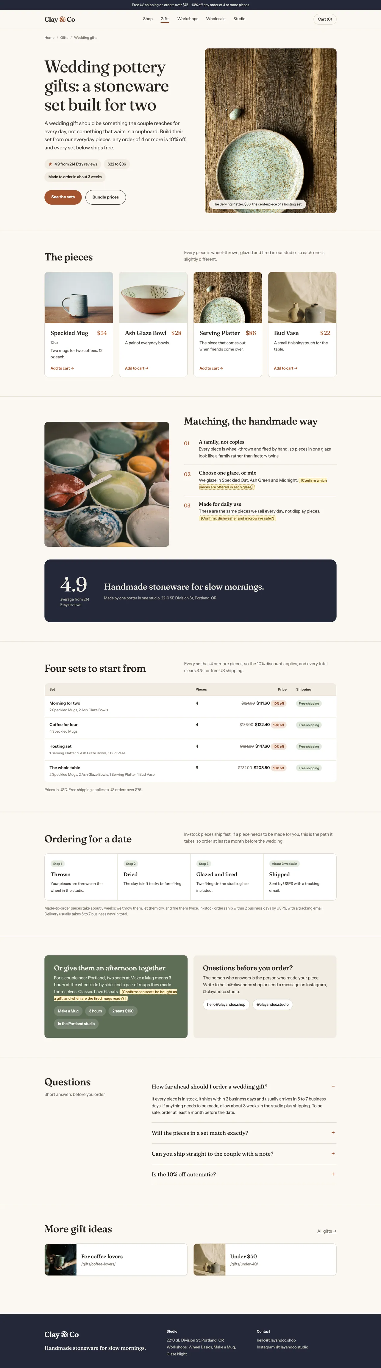 La page mariage, réorientée d'une formule à zéro recherche vers « wedding pottery gifts », présente quatre vrais lots avec la remise de 10% sur quatre pièces appliquée.