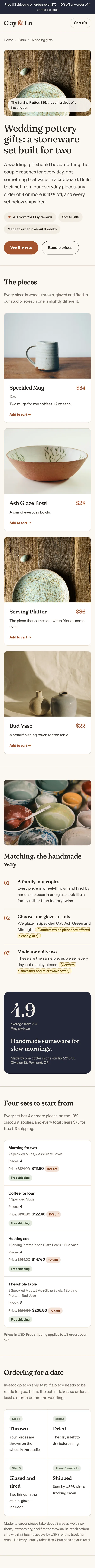 La page mariage, réorientée d'une formule à zéro recherche vers « wedding pottery gifts », présente quatre vrais lots avec la remise de 10% sur quatre pièces appliquée. (mobile)