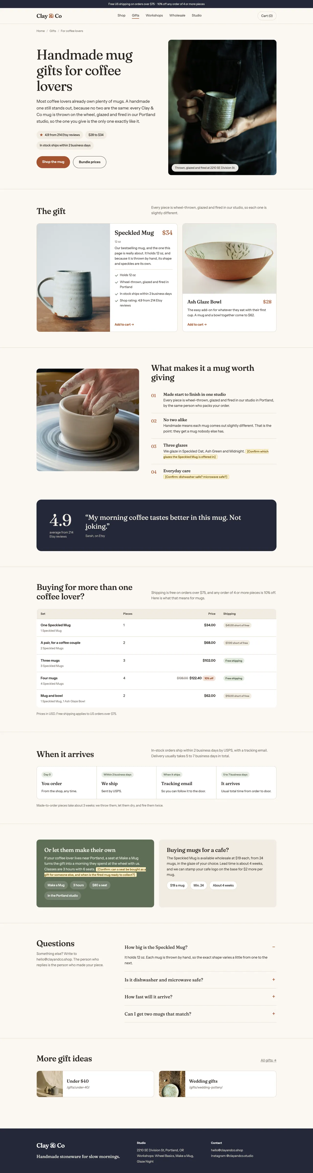 La page amateurs de café vise « handmade coffee mug » (1,900 recherches par mois aux États-Unis) et est construite à partir du même modèle et de la même feuille de données que les deux autres.
